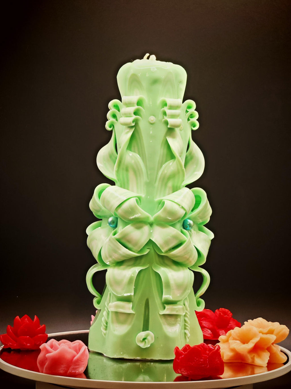 Handgeschnitzte Kerzen Set – geruchlos, handgemacht und bunt, Idealdeko für Hochzeiten (1 Grande Pyramide und 2 Majestic Slim)