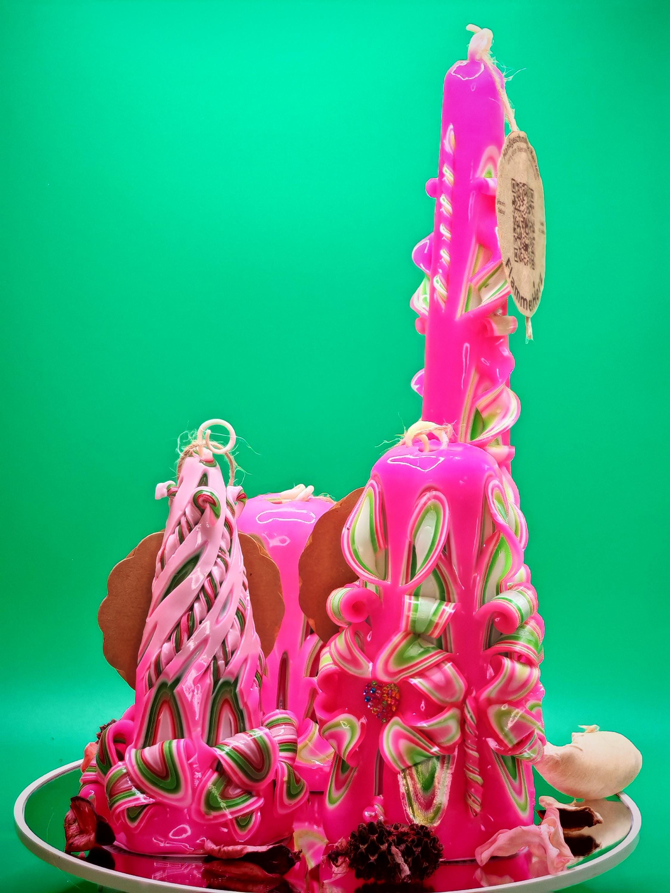 Handgeschnitzte Pyramidenkerzen – Pink & Mint – einzigartiges Deko-Highlight, geruchlos (Set oder einzeln), bunte Blickfänger für jede Deko
