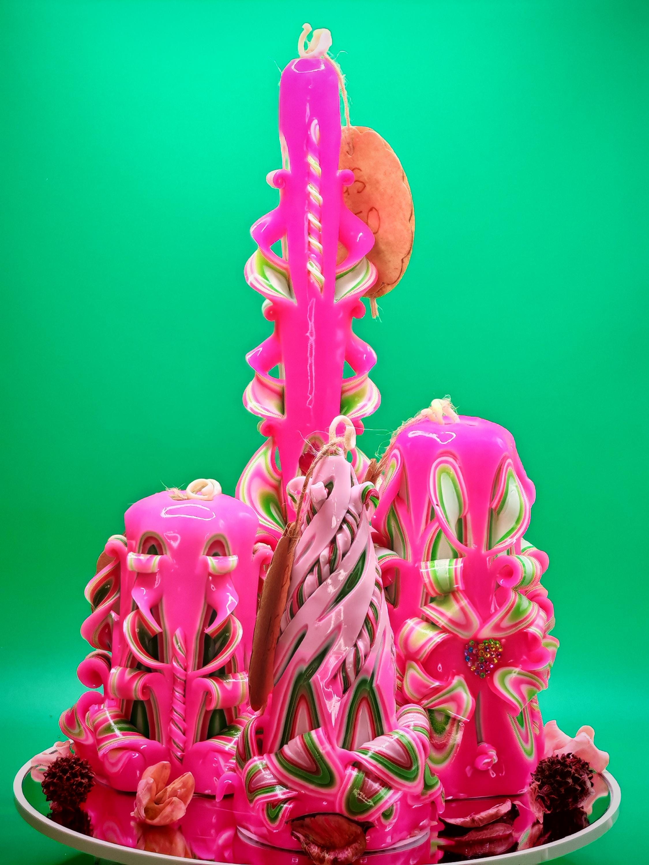 Handgeschnitzte Pyramidenkerzen – Pink & Mint – einzigartiges Deko-Highlight, geruchlos (Set oder einzeln), bunte Blickfänger für jede Deko