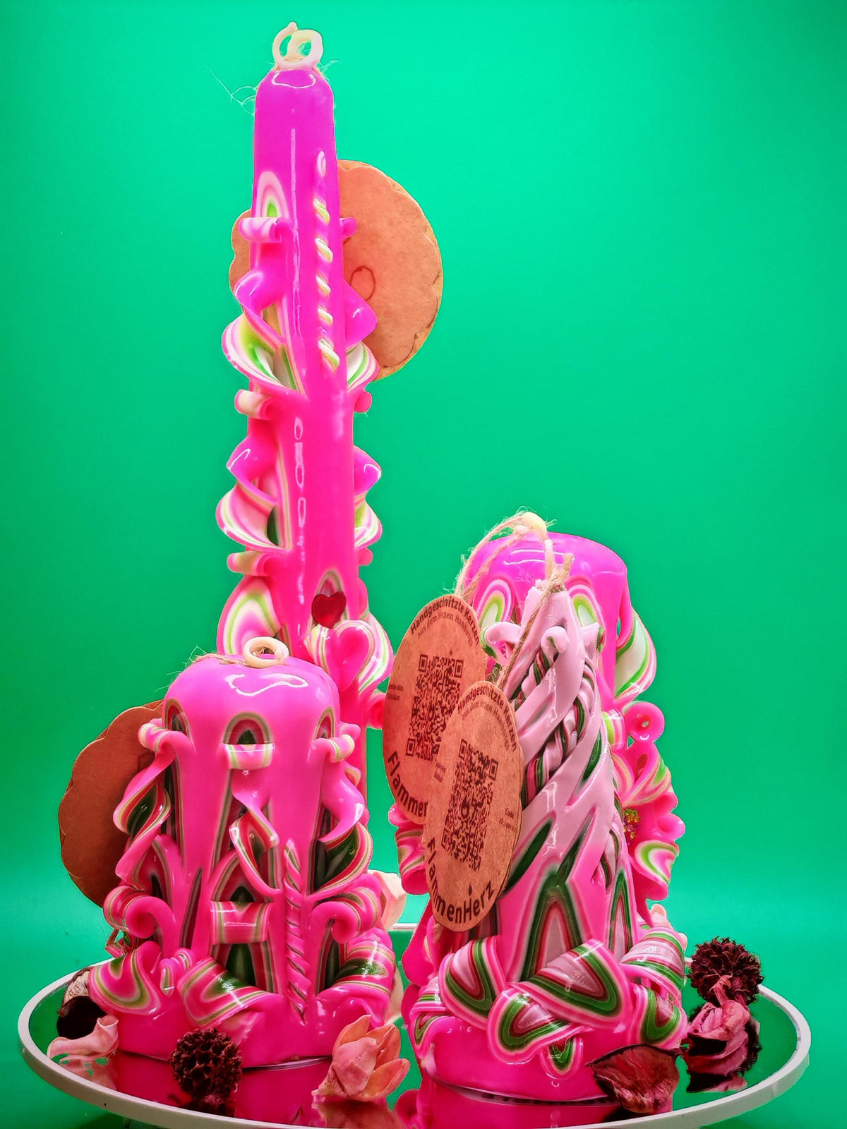 Handgeschnitzte Pyramidenkerzen – Pink & Mint – einzigartiges Deko-Highlight, geruchlos (Set oder einzeln), bunte Blickfänger für jede Deko