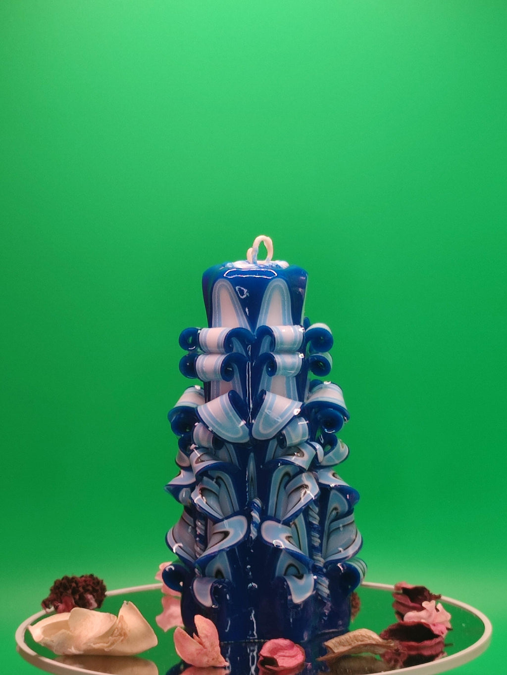 Hand-carved candle – unscented, handmade and colourful, "Blue Lagoon", home accessory, gift for many occasions (Classic Pyramide ~ 16x9cm)