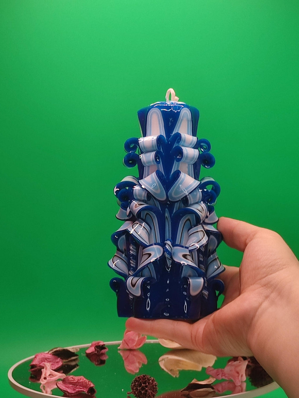 Hand-carved candle – unscented, handmade and colourful, "Blue Lagoon", home accessory, gift for many occasions (Classic Pyramide ~ 16x9cm)