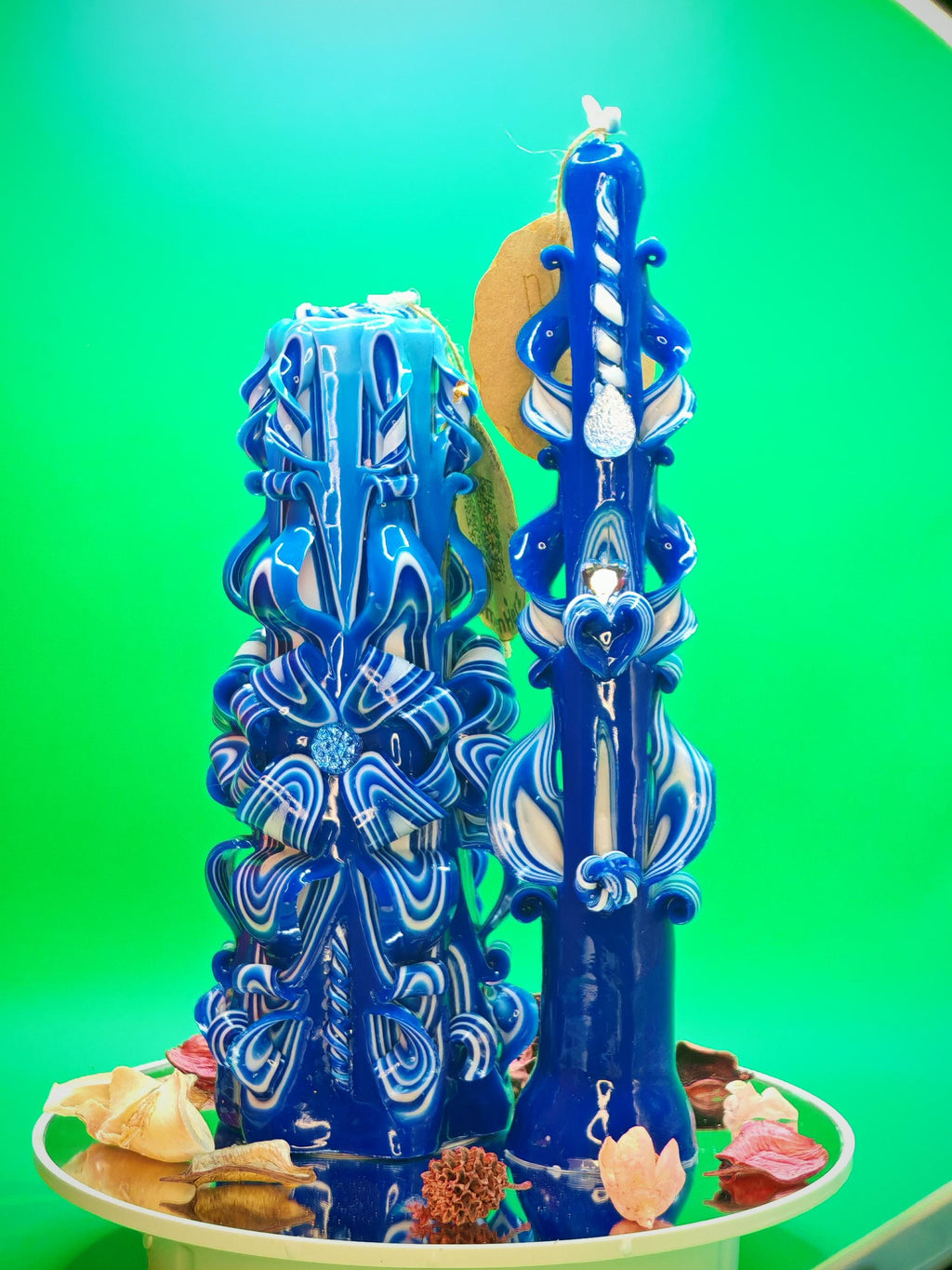 Handgeschnitztes Kerzen-Set – "Midnight / Pearl", Grande Pyramide und Majestic Slim, elegante Deko & Geschenkidee, einzeln oder im Set