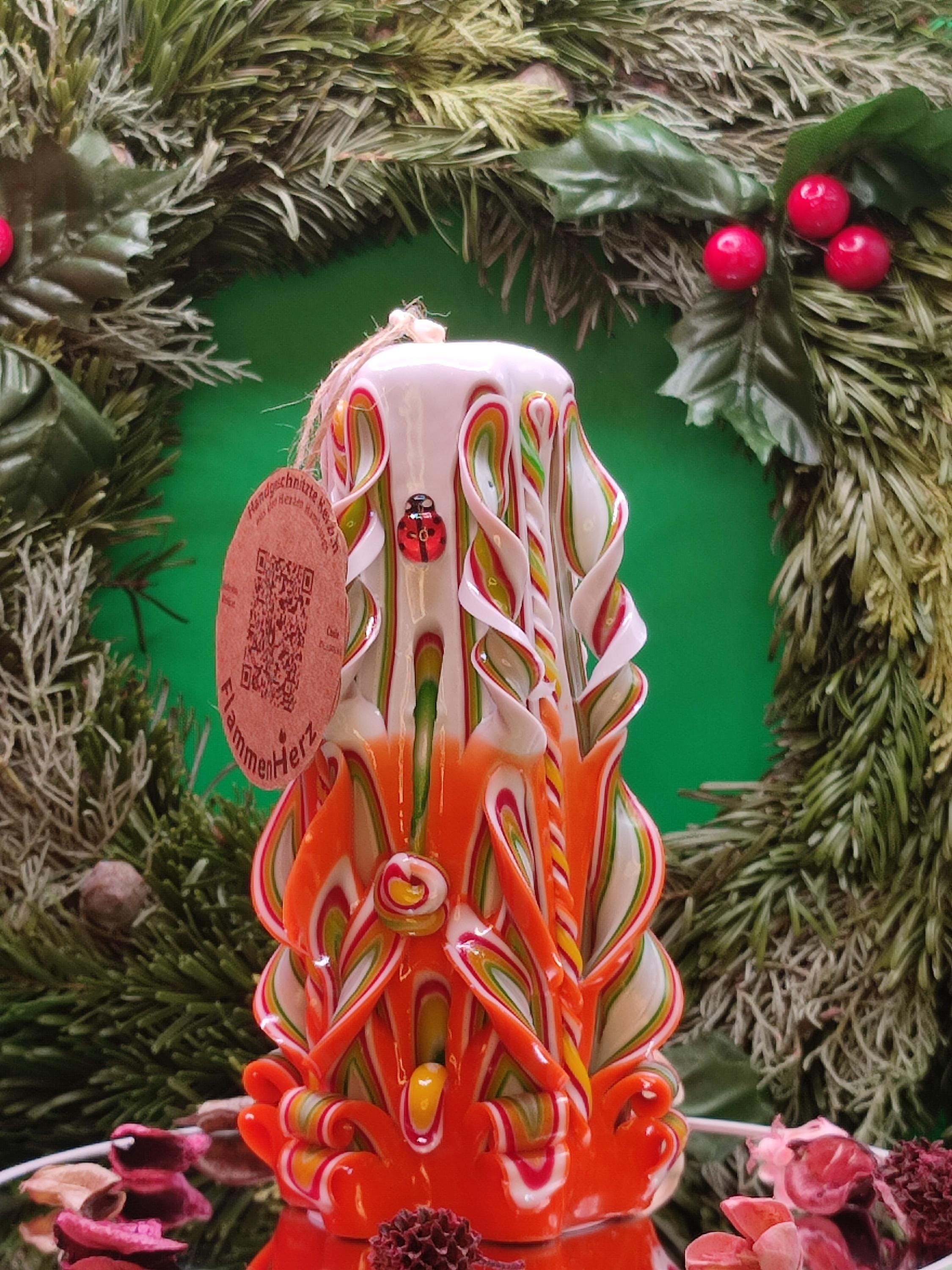 Hand-carved candle – unscented, handmade and colourful, "Candy" (Classic Pyramide ~ 16x9cm)