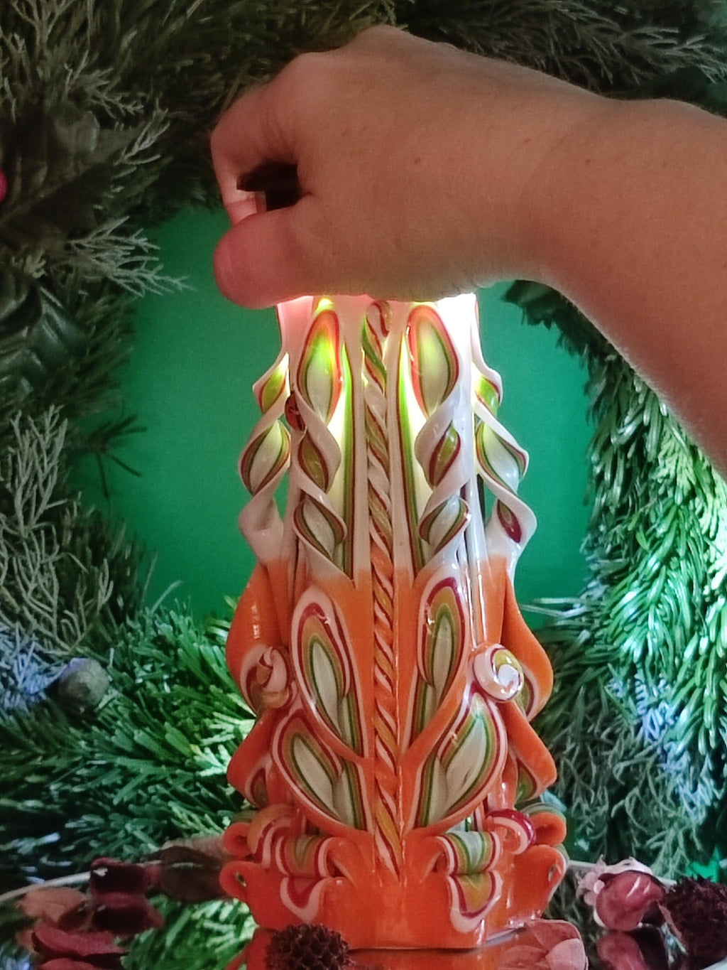 Hand-carved candle – unscented, handmade and colourful, "Candy" (Classic Pyramide ~ 16x9cm)