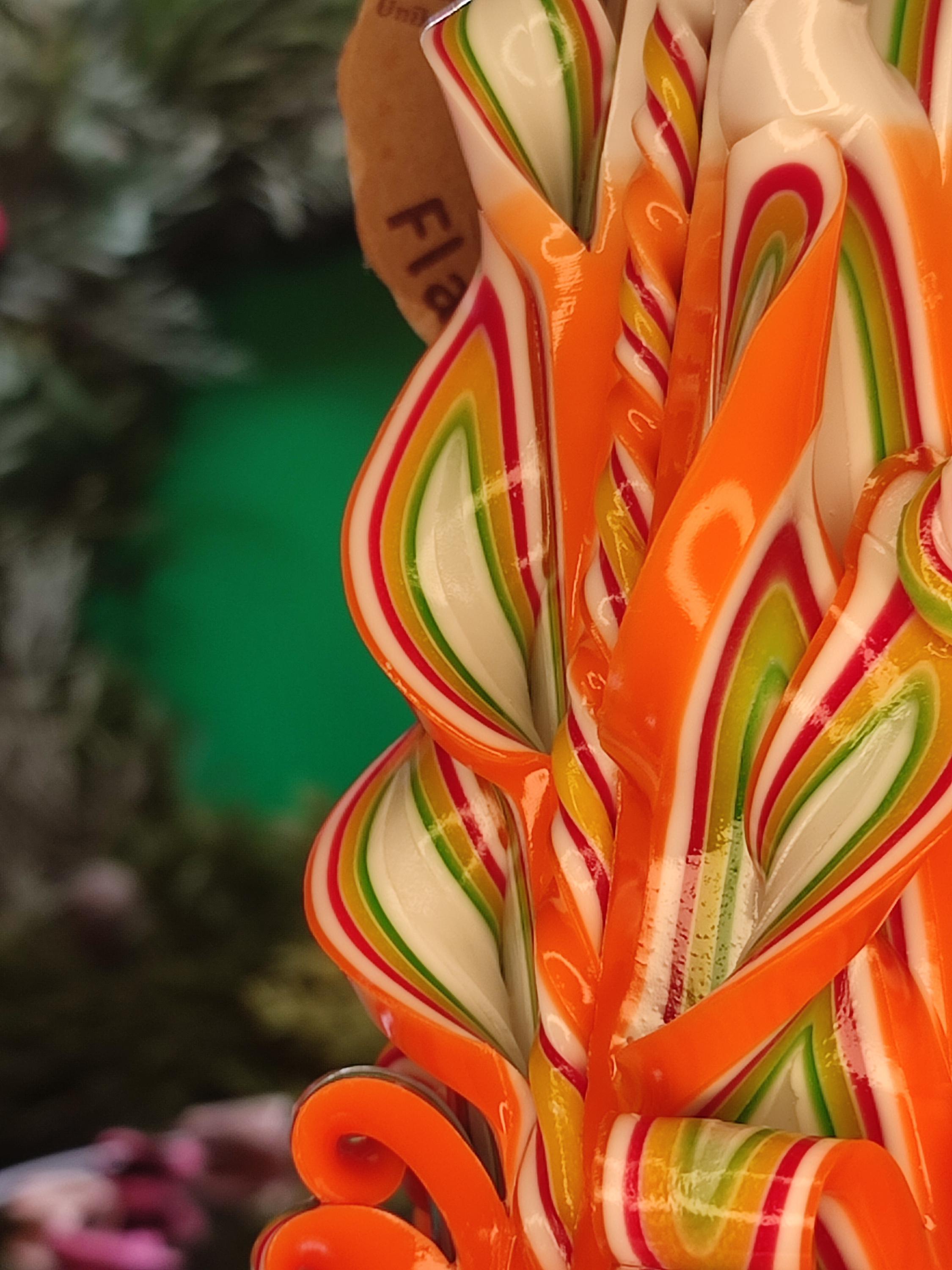 Hand-carved candle – unscented, handmade and colourful, "Candy" (Classic Pyramide ~ 16x9cm)
