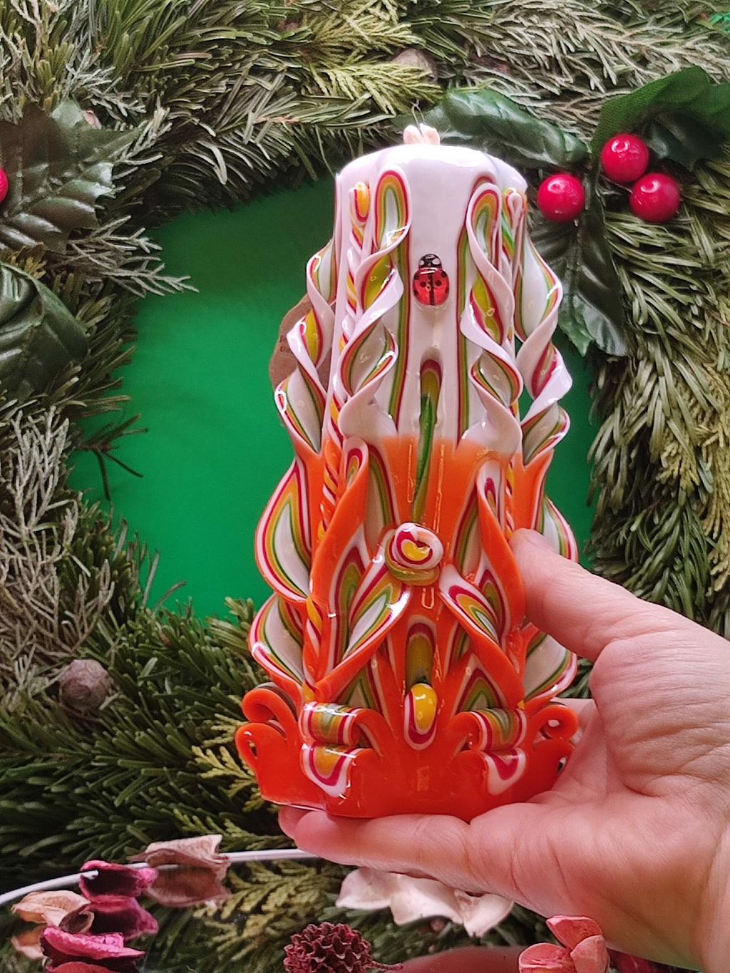 Hand-carved candle – unscented, handmade and colourful, "Candy" (Classic Pyramide ~ 16x9cm)