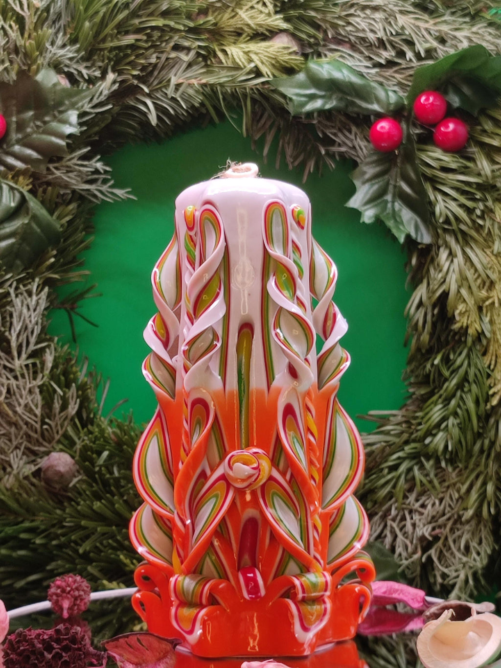 Hand-carved candle – unscented, handmade and colourful, "Candy" (Classic Pyramide ~ 16x9cm)