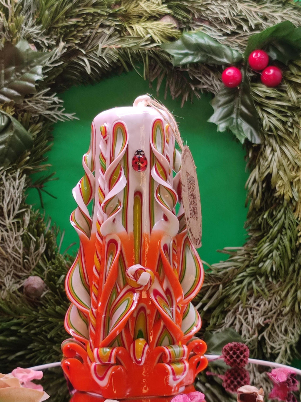 Hand-carved candle – unscented, handmade and colourful, "Candy" (Classic Pyramide ~ 16x9cm)