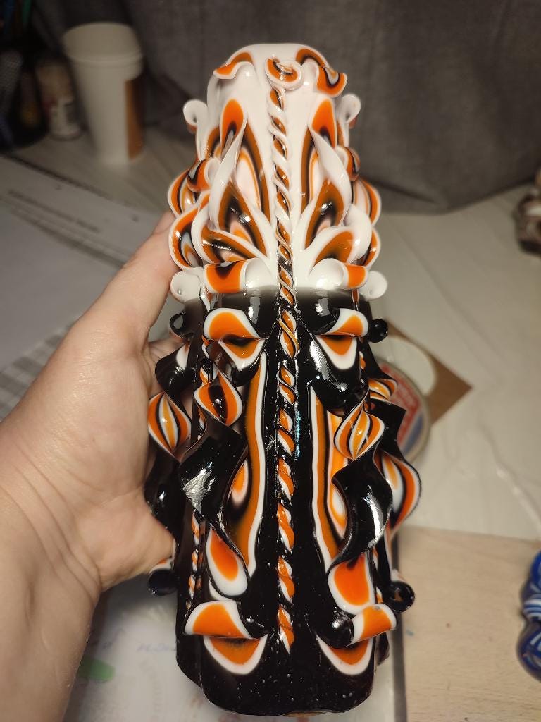 Hand-carved candle – unscented, handmade and colourful, contrast Candle (Grande Pyramide ~ 22x10cm)