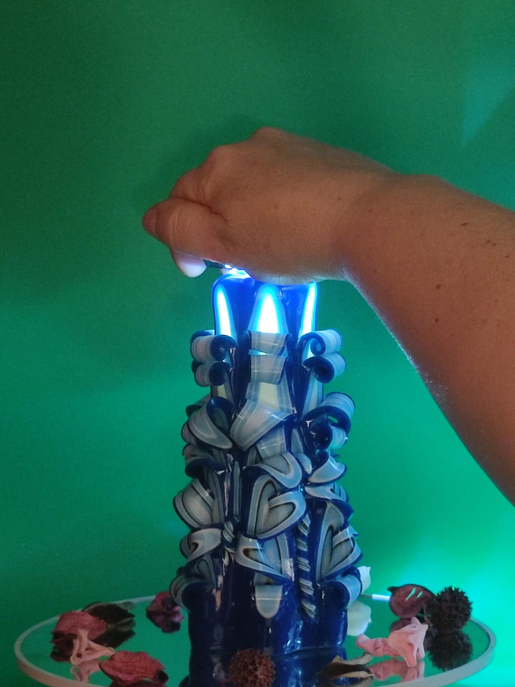 Hand-carved candle – unscented, handmade and colourful, "Blue Lagoon", home accessory, gift for many occasions (Classic Pyramide ~ 16x9cm)