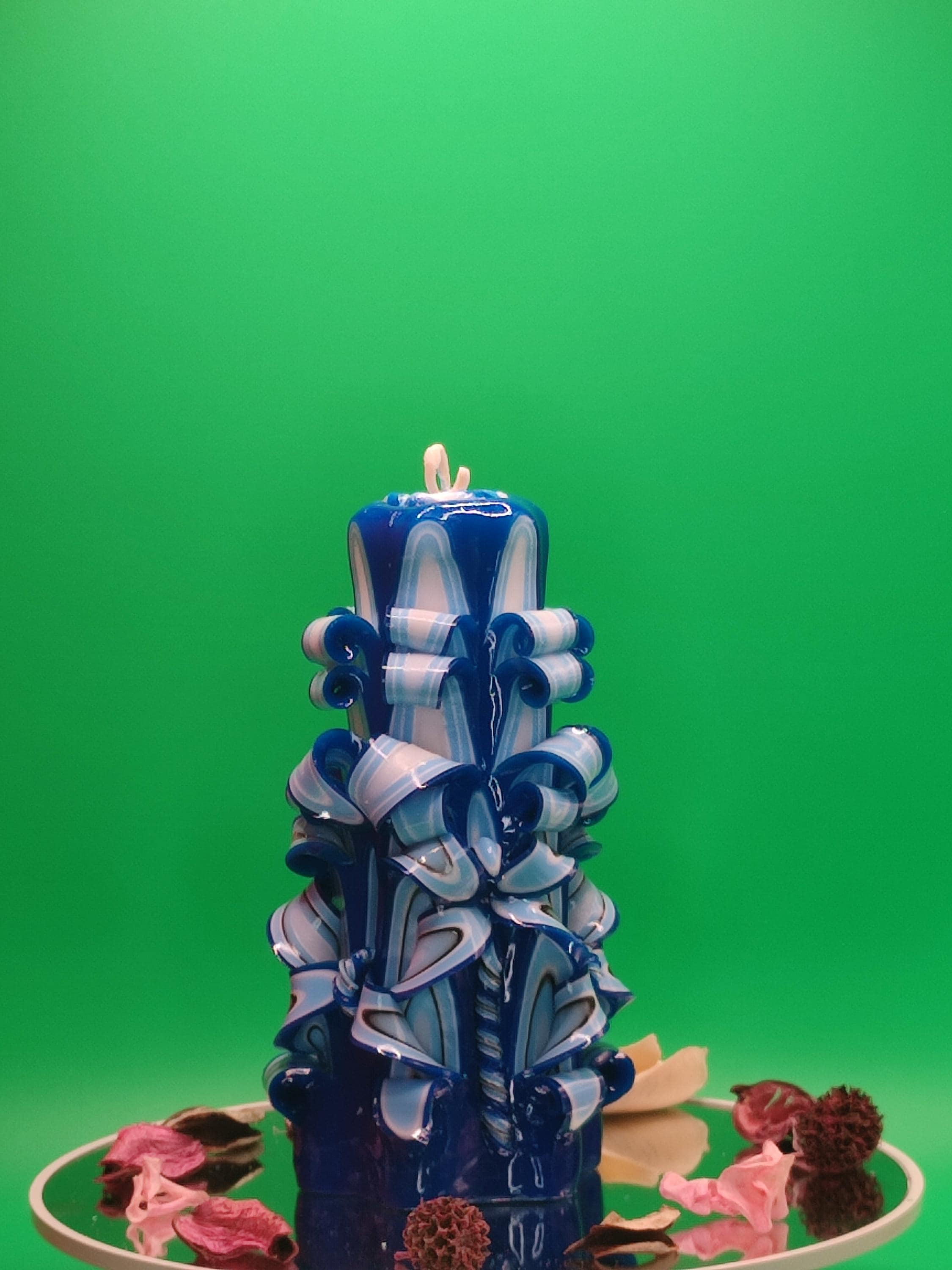 Hand-carved candle – unscented, handmade and colourful, "Blue Lagoon", home accessory, gift for many occasions (Classic Pyramide ~ 16x9cm)