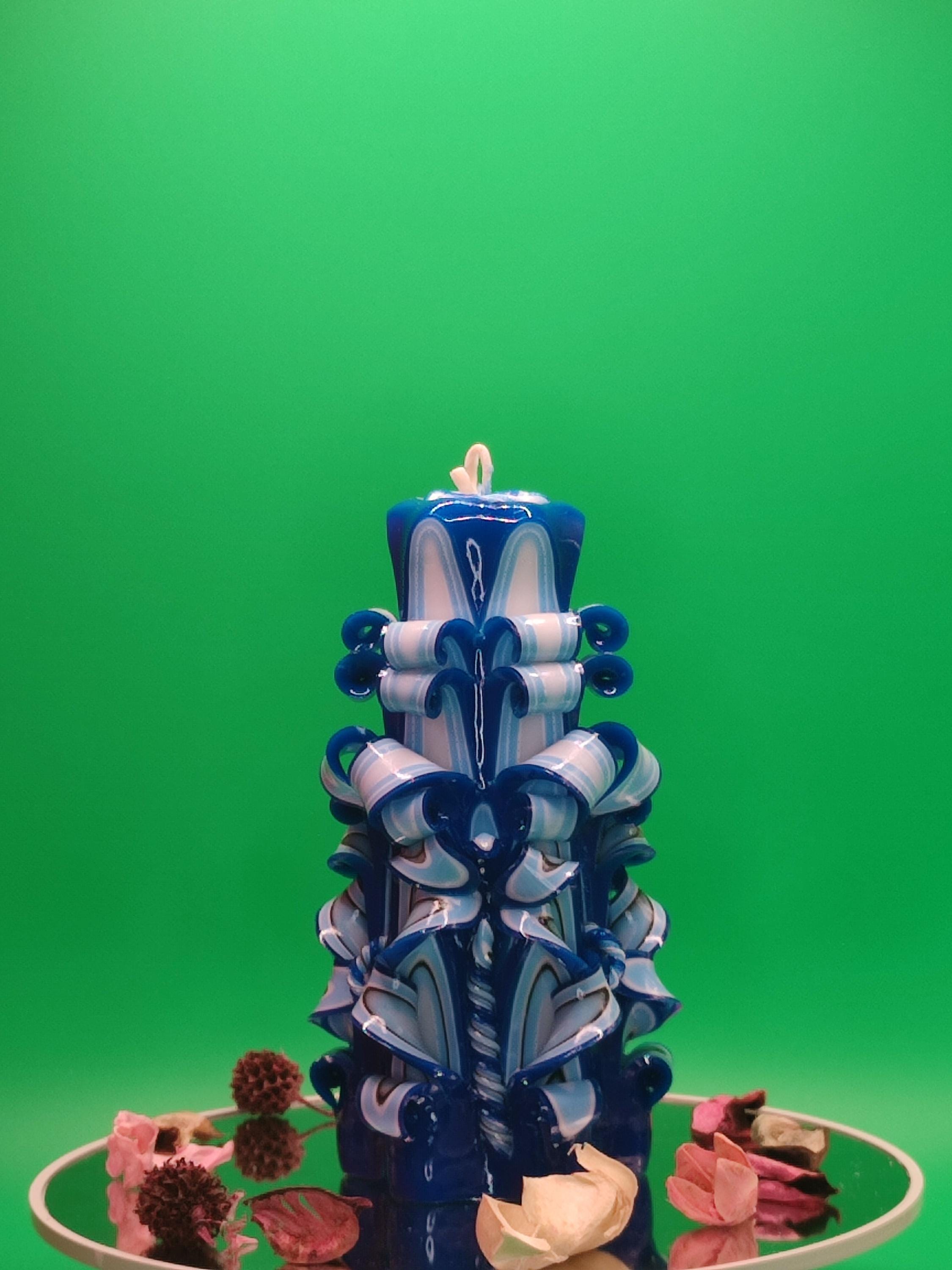 Hand-carved candle – unscented, handmade and colourful, "Blue Lagoon", home accessory, gift for many occasions (Classic Pyramide ~ 16x9cm)