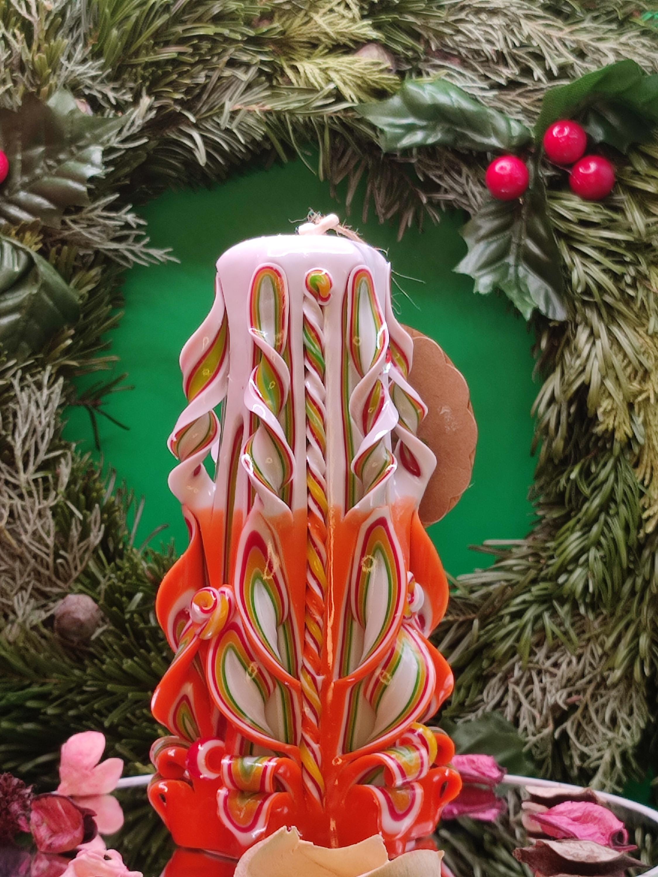 Hand-carved candle – unscented, handmade and colourful, "Candy" (Classic Pyramide ~ 16x9cm)
