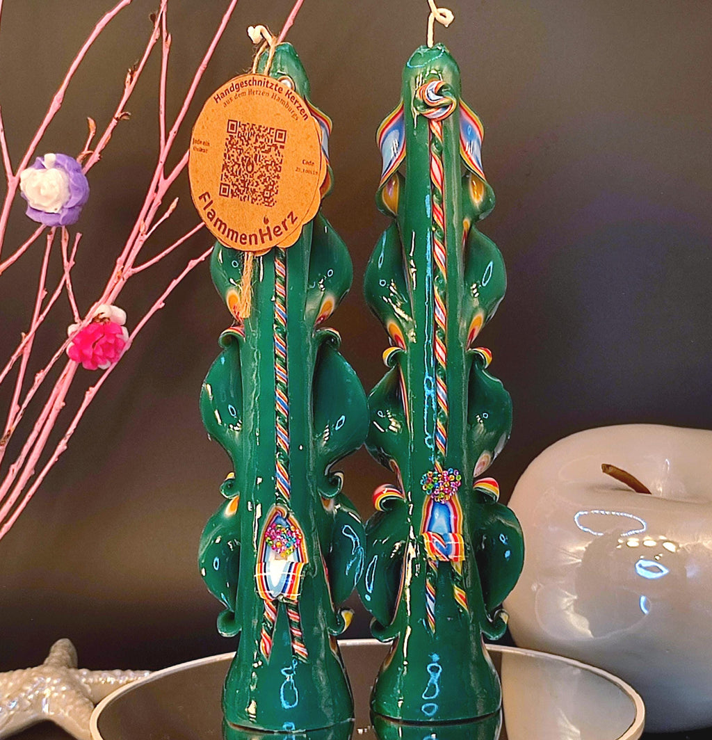 Handgeschnitzte Kerzen Set – geruchlos, handgemacht & bunt – grün/rot/blau, Tischdeko und Stilvolles Geschenk (verschiedene Größen)