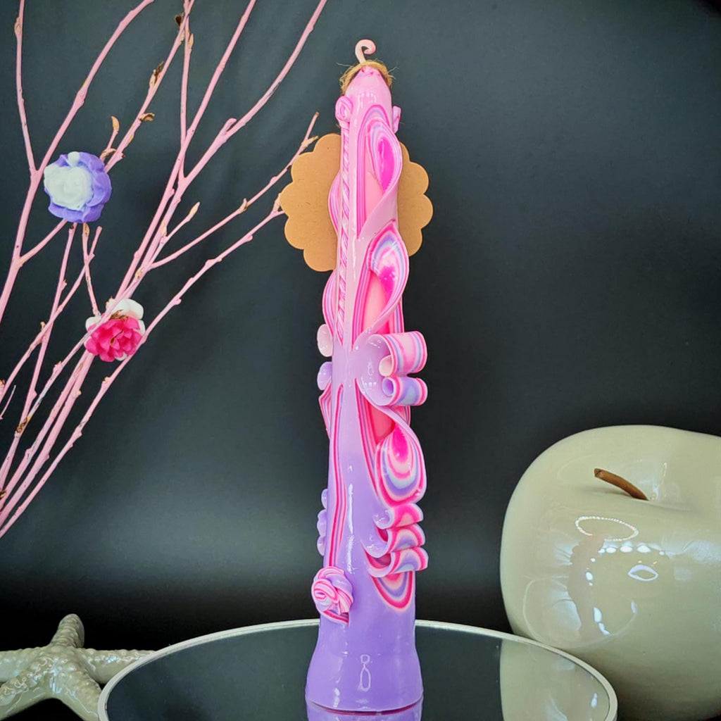 Majestic Slim Handgeschnitzte Kerze – Rosa & Flieder Pastell – Geschenk für sie zum Frauentag / 8. März / Muttertag – Duftfrei (25×5.5 cm)