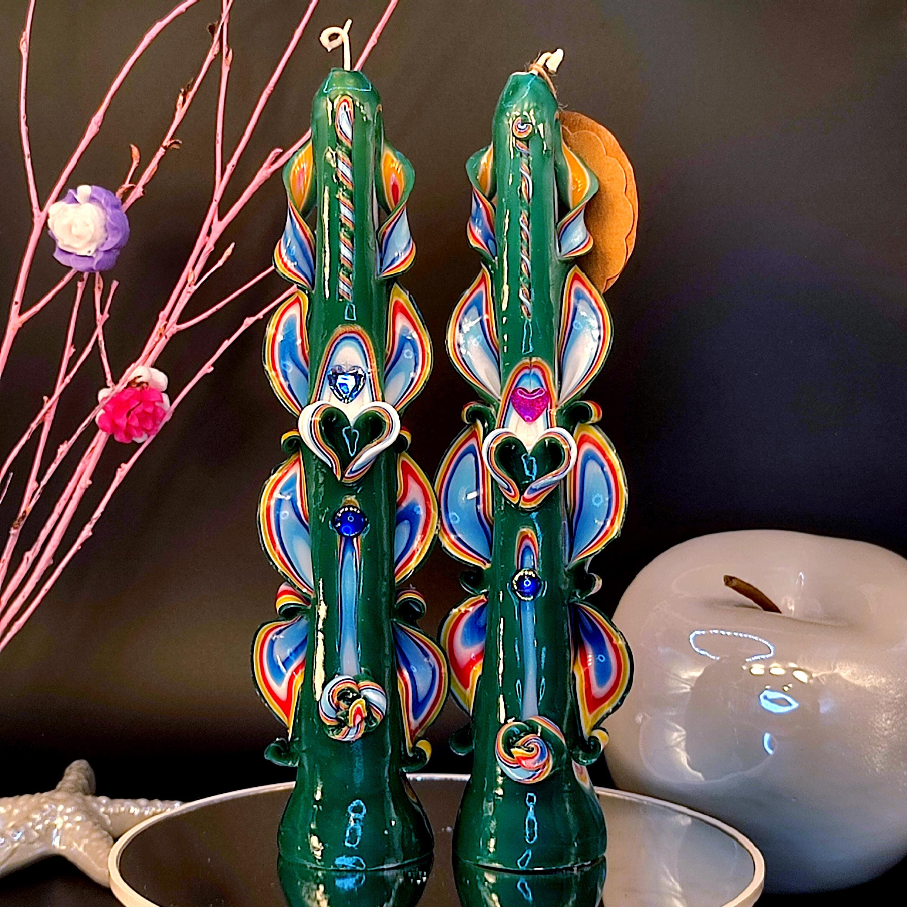 Elegant Sea Green Carved Candle, Multicolored Wax Ornament, Slim Decor with Soft Light and Meditative Atmosphere (Majestic Slim 25x4.5 cm)