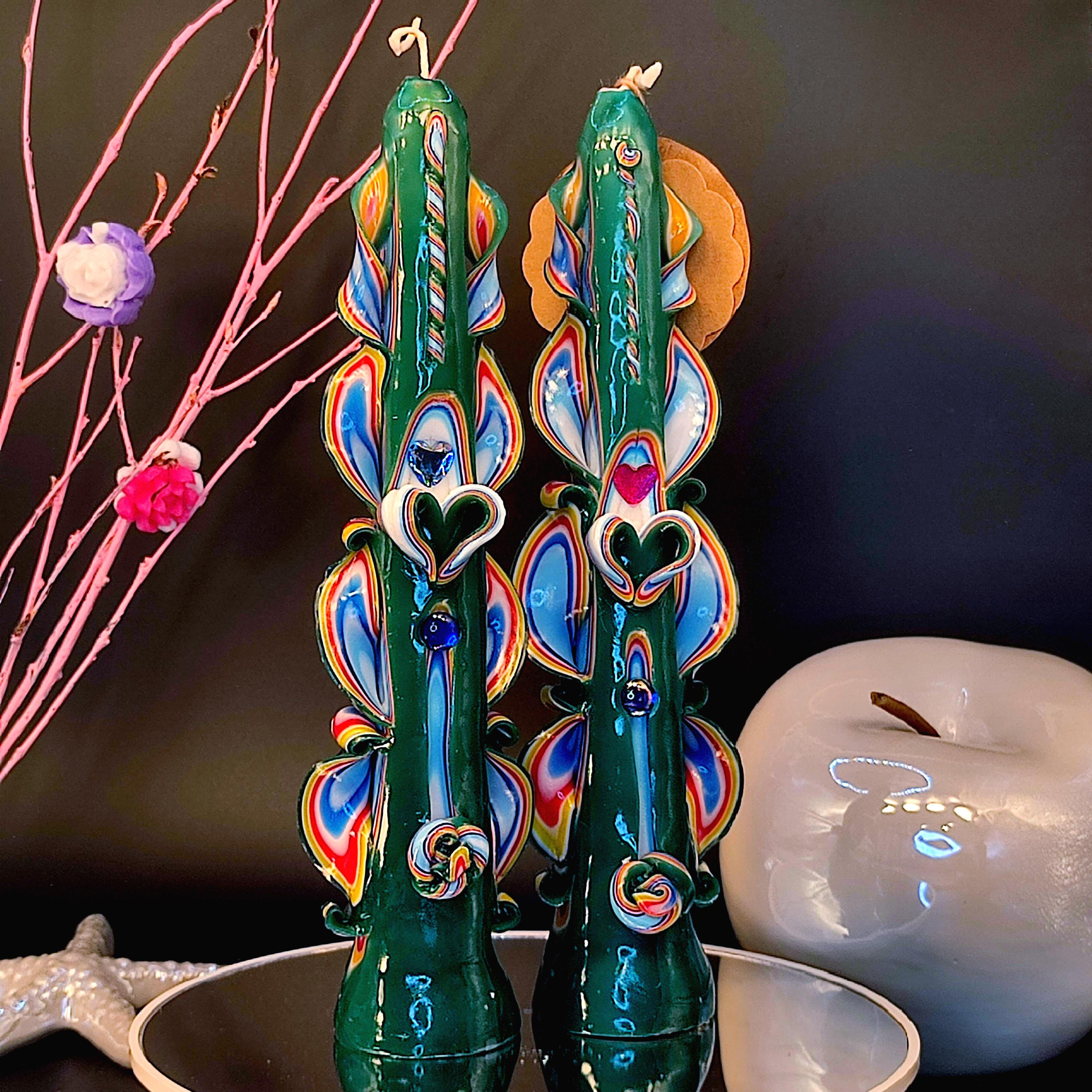 Elegant Sea Green Carved Candle, Multicolored Wax Ornament, Slim Decor with Soft Light and Meditative Atmosphere (Majestic Slim 25x4.5 cm)