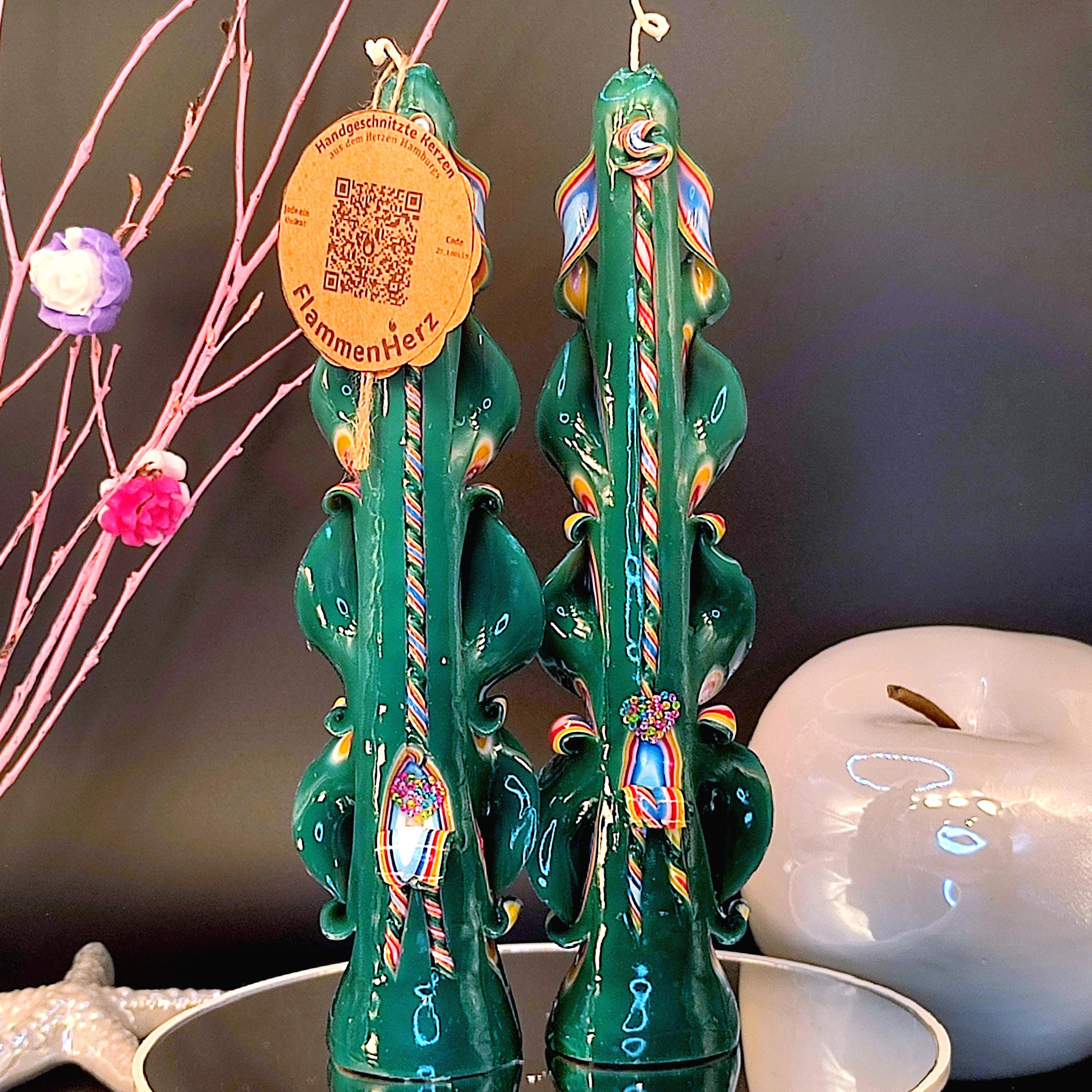 Elegant Sea Green Carved Candle, Multicolored Wax Ornament, Slim Decor with Soft Light and Meditative Atmosphere (Majestic Slim 25x4.5 cm)