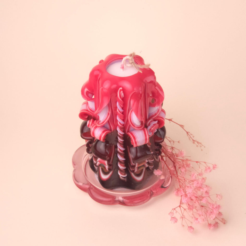Süße Rot Schokoladenbraune Geschnitzte Kerze, Schönes Wachsornament, Handgemachte Deko mit Weichem Licht, Muttertag (Petit Classic 14x9 cm)