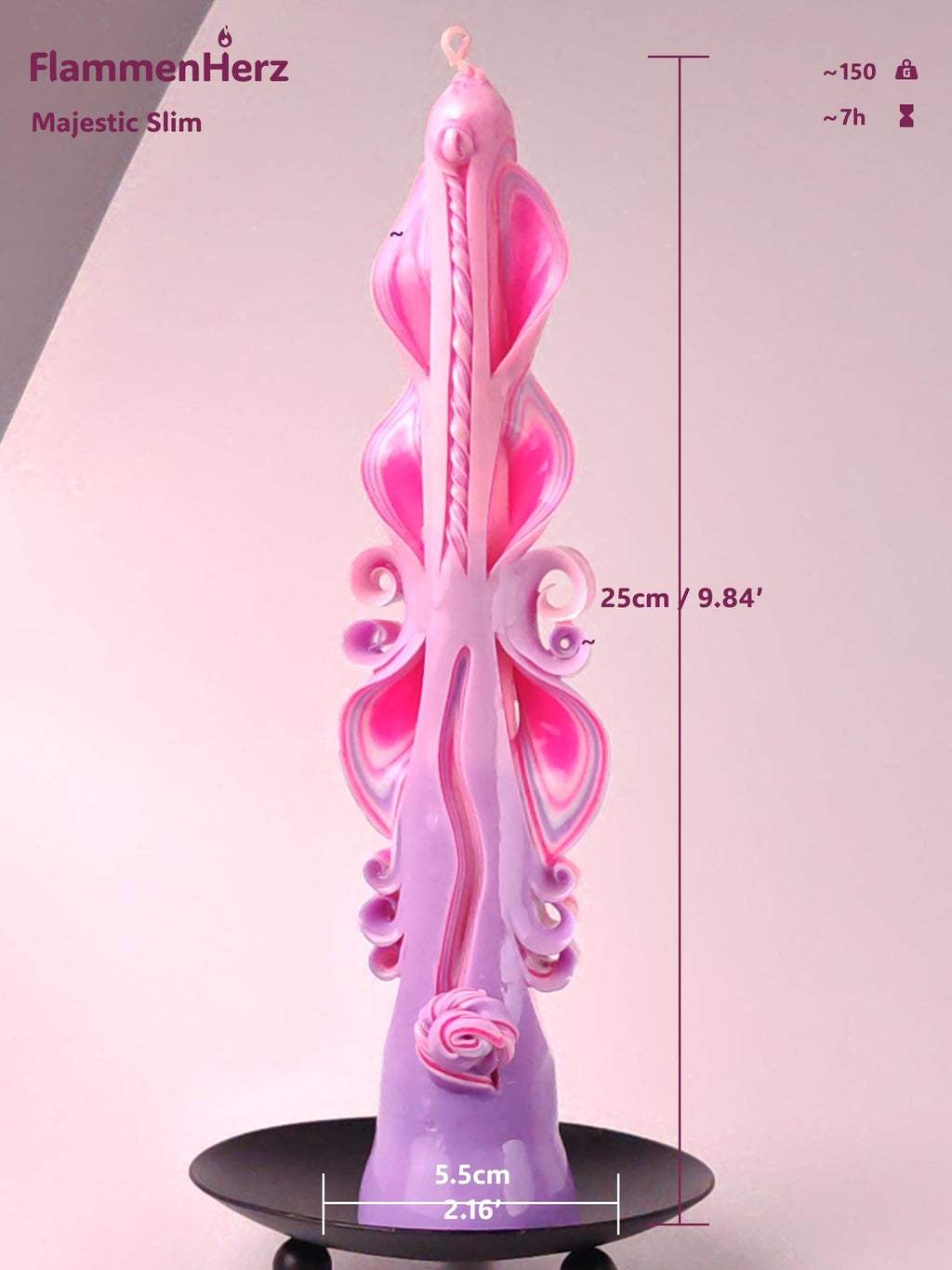 Majestic Slim Handgeschnitzte Kerze – Rosa & Flieder Pastell – Geschenk für sie zum Frauentag / 8. März / Muttertag – Duftfrei (25×5.5 cm)